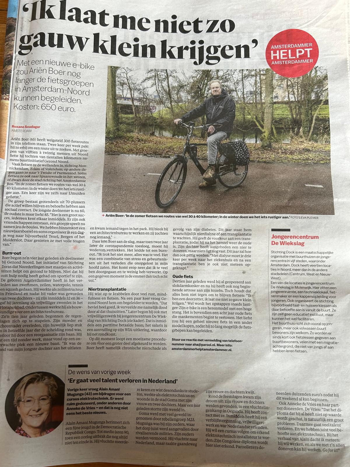 Vrijwilliger Ariën Boer in het Parool Amsterdam